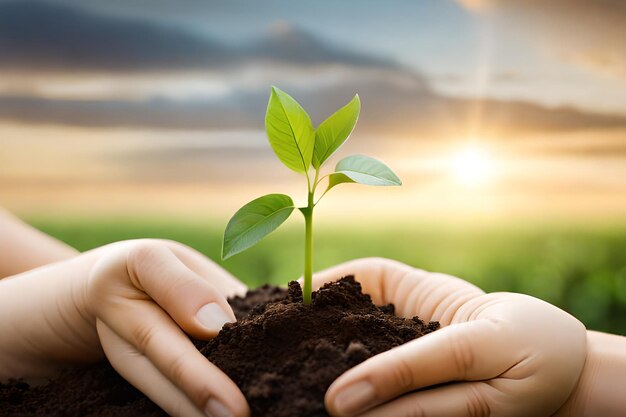 Mãos segurando uma planta com o sol atrás dela