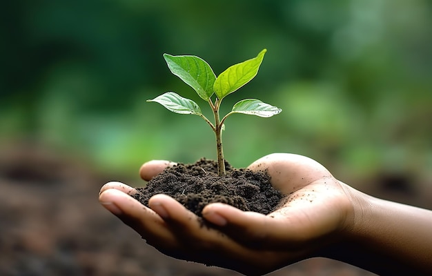 Mãos segurando uma planta jovem com solo sobre fundo desfocado da natureza Conceito de ecologia