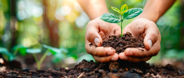 Mãos segurando uma planta jovem no solo fotografada em um fundo bokeh natural transmitindo o conceito de crescimento e cuidado IA generativa