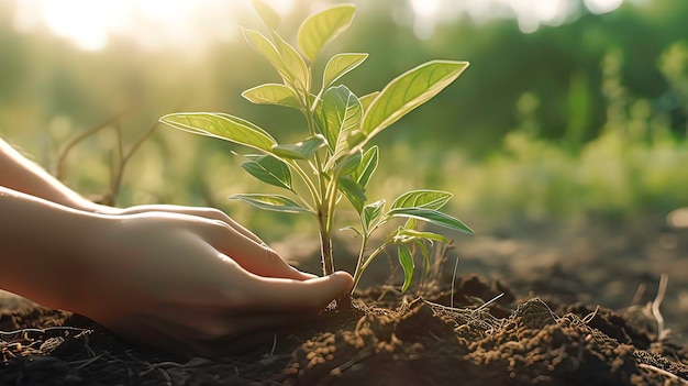 Mãos segurando uma planta