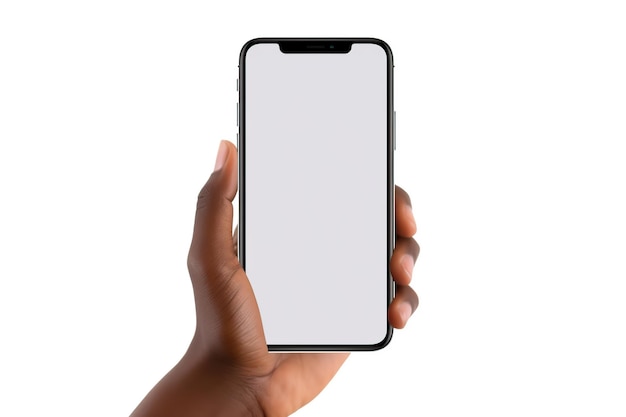 Mãos segurando uma tela de smartphone em branco simulando estilo AI gerado