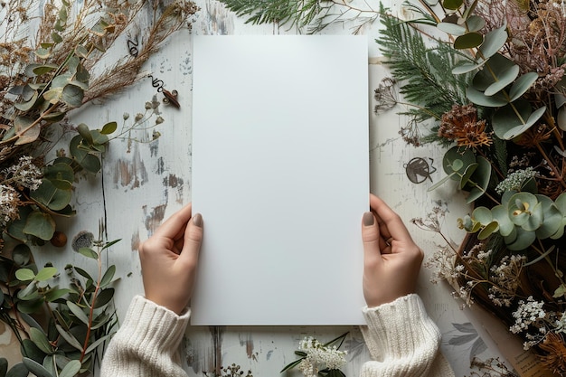 Mãos segurando uma tela em branco em meio a um país das maravilhas inspirado na natureza