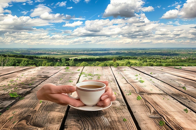 Mãos segurando uma xícara de café com uma vista da natureza ao fundo