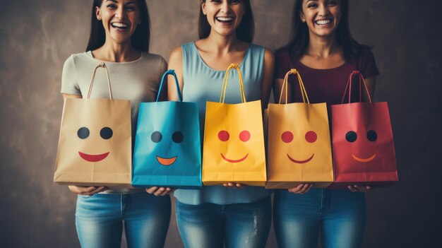 Foto mãos segurando vários sacos de compras com grandes sorrisos nos rostos