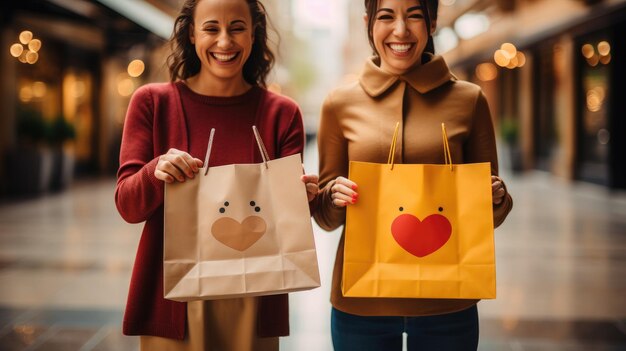 Mãos segurando vários sacos de compras com grandes sorrisos nos rostos