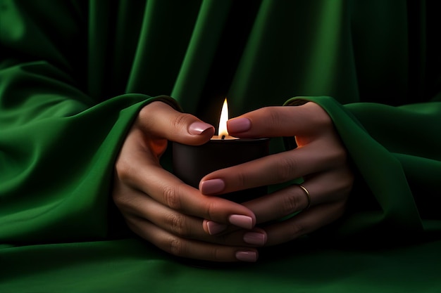 Foto mãos segurando vela fundo verde