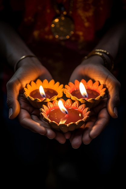 Mãos segurando velas de Diwali diyas simbolizando a vitória da luz sobre a escuridão