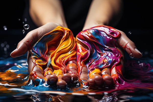 Foto mãos submersas em um fluxo contínuo da bandeira do arco-íris da paz, o líquido colorido envolvendo os dedos, simbolizando o orgulho e celebrando a diversidade lgbtq ilustração generativa ai