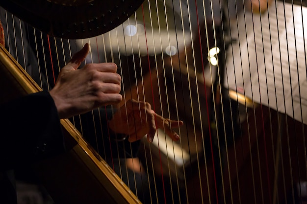 mãos tocando a harpa