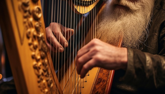 mãos tocando uma harpa celta