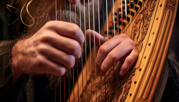 Foto mãos tocando uma harpa celta
