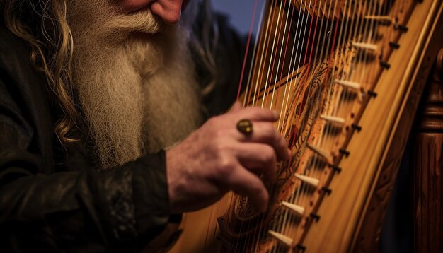 Foto mãos tocando uma harpa celta