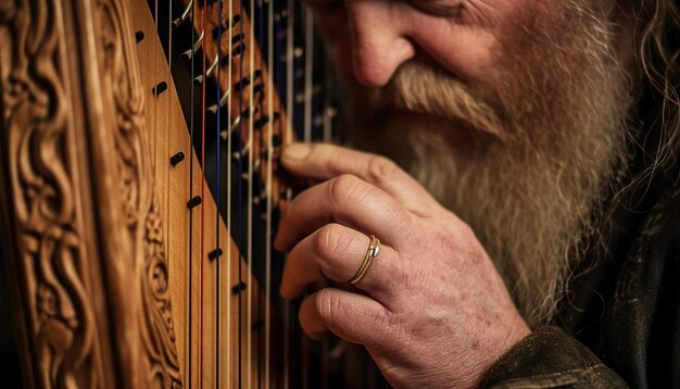 Foto mãos tocando uma harpa celta