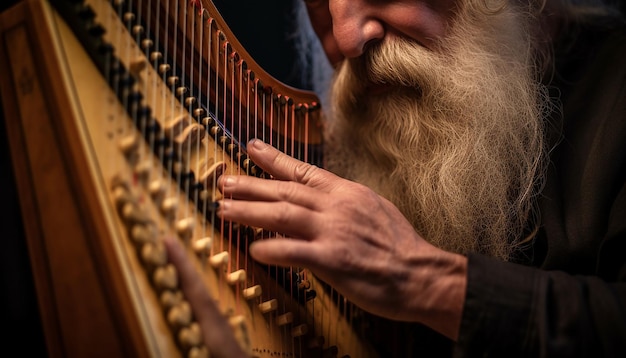 Foto mãos tocando uma harpa celta