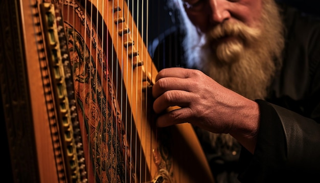 Foto mãos tocando uma harpa celta