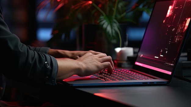 Mãos trabalhando com um laptop em um estúdio tecnológico