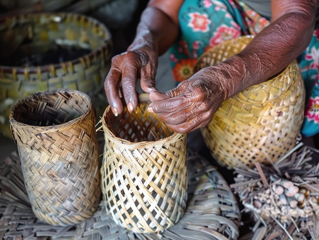 Mãos tradicionais de oficina de cestaria tecendo padrões intrincados mostrando a arte e o artesanato