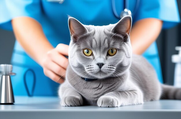 mãos veterinárias examinando gato cinzento na mesa de exame conceito de clínica veterinária