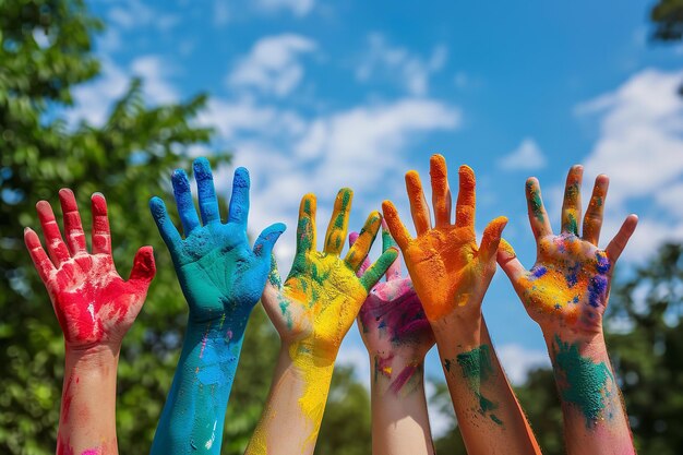 Mãos vibrantes levantadas no ar durante um festival de férias Generative Ai