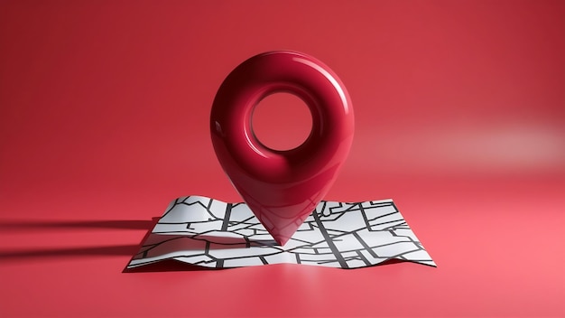 Foto mapa 3d brilhante vermelho com pin geográfico em fundo branco com sombra