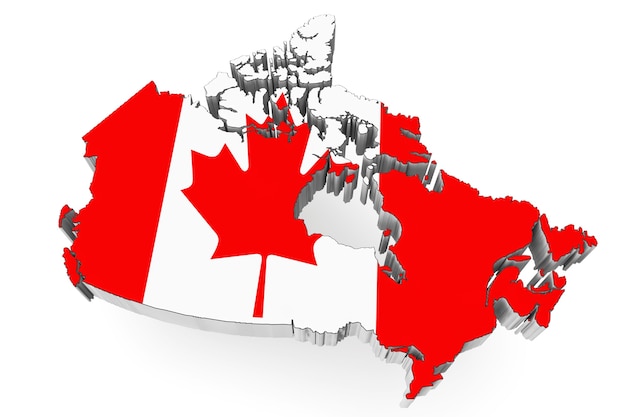 Mapa 3D de Canadá con bandera sobre un fondo blanco.