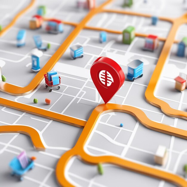 Foto mapa 3d y carrito de supermercado con icono de fondo de compras ubicación mapa 3d compras