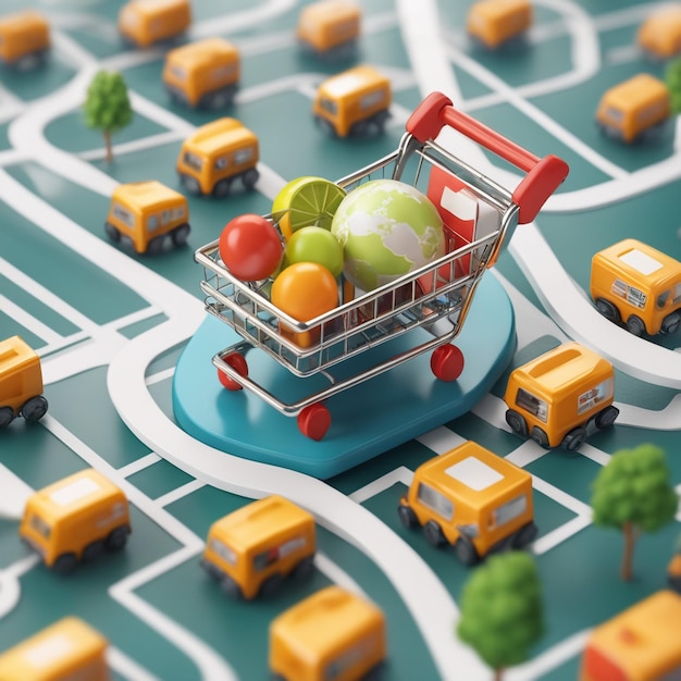 Foto mapa 3d y carrito de supermercado con icono de fondo de compras ubicación mapa 3d compras
