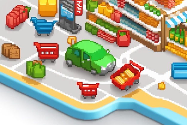 Foto mapa 3d y carrito de supermercado con icono de fondo de compras ubicación mapa 3d compras