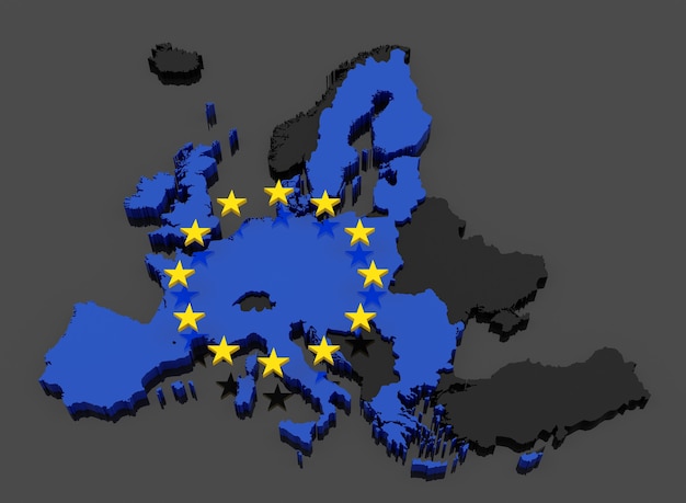 Mapa 3d da união europeia com bandeira todos os 27 países incluídos