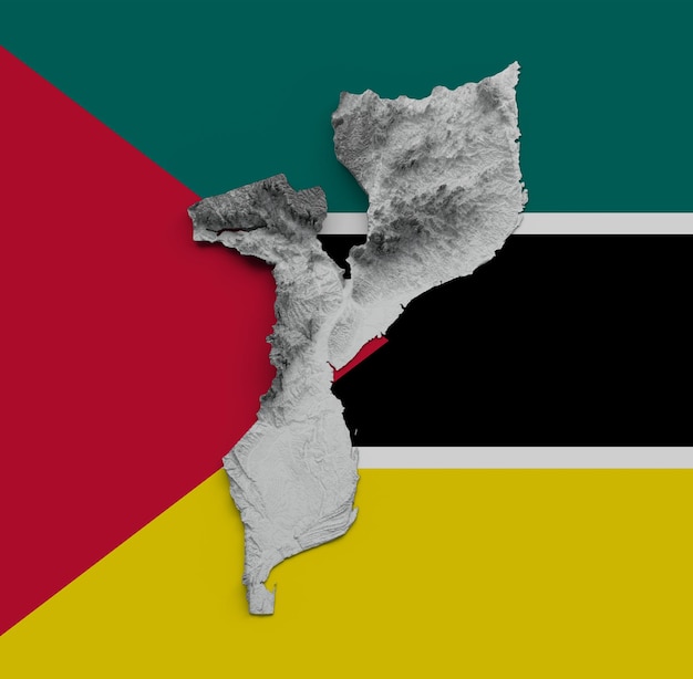 Foto mapa 3d de moçambique mapa de relevo sombreado em preto e branco na ilustração 3d do fundo da bandeira de moçambique