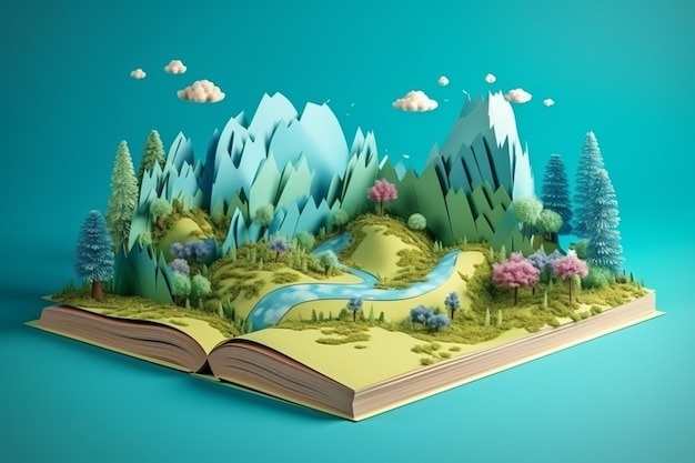 Mapa 3D em livro com fundo azul plano