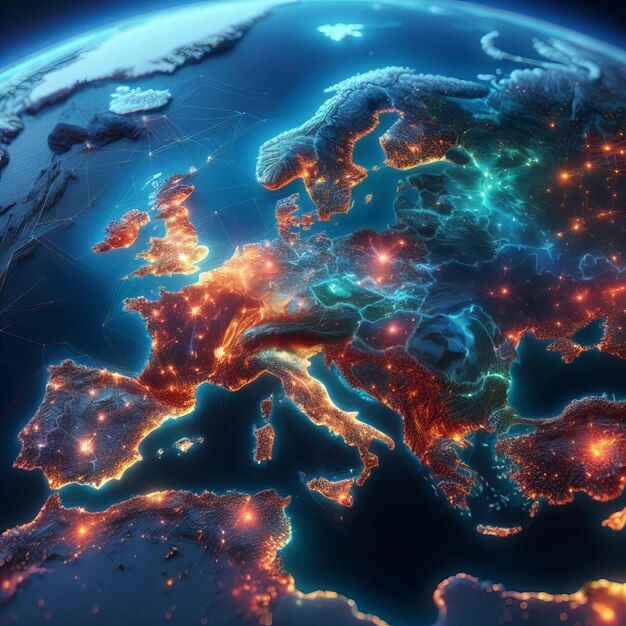 Un mapa 3D de Europa con el terreno y las fronteras iluminados por varias luces de colores