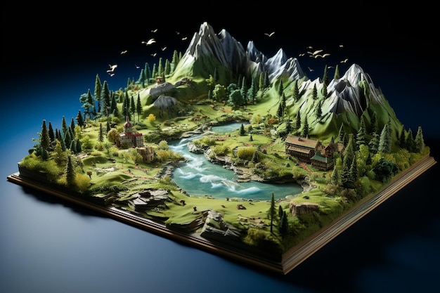 Mapa 3D en libro con un fondo azul plano