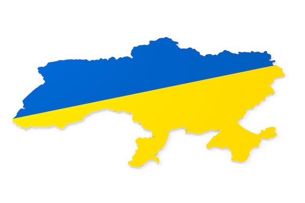 Mapa 3D de Ucrania en colores de bandera sobre fondo blanco.