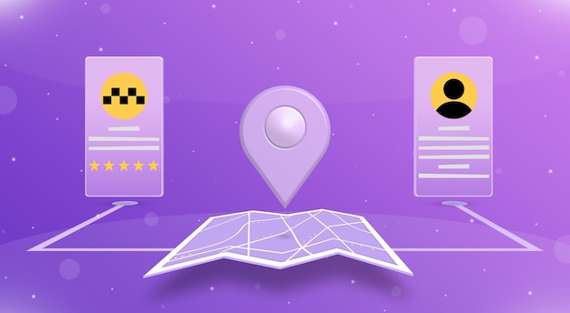Mapa abierto con icono de gps y dos teléfonos de servicio de taxi y usuario 3d