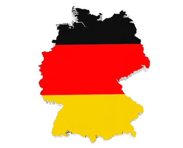 Mapa de Alemania en los colores de la bandera de Alemania sobre un fondo blanco.