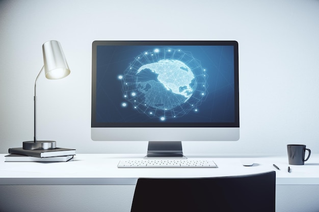 Mapa de América en el moderno monitor de computadora big data y concepto de tecnología digital 3D Rendering