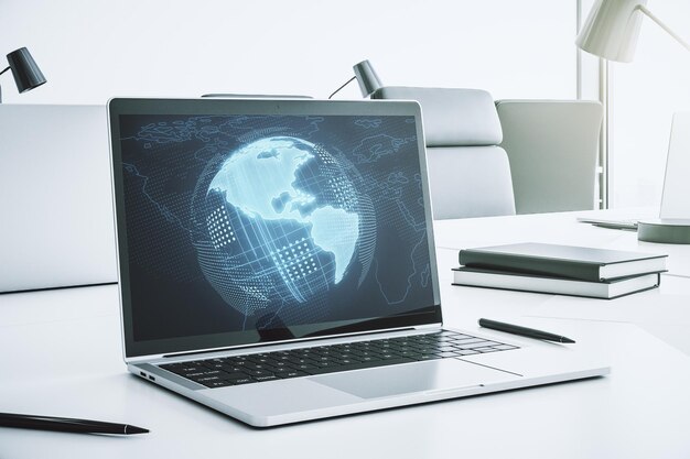 Mapa de América en el moderno monitor de computadora big data y concepto de tecnología digital 3D Rendering