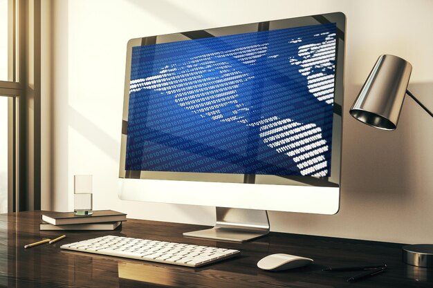 Mapa de América en el moderno monitor de computadora big data y concepto de tecnología digital Representación 3D