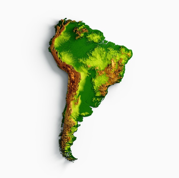 Foto mapa de américa del sur relieve sombreado mapa de altura en color sobre fondo blanco ilustración 3d