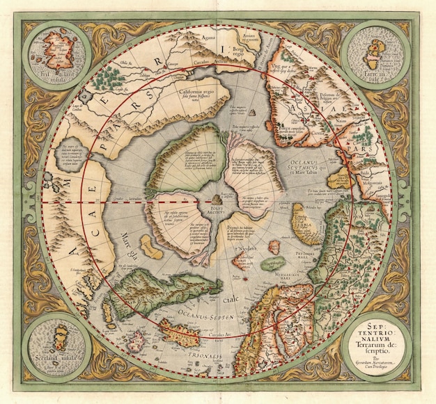 Mapa antigo de gerard mercator 1633 o pólo norte está no centro