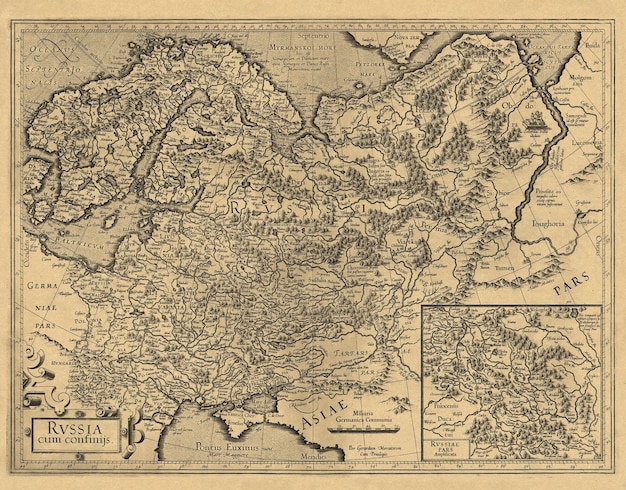 Mapa antiguo medieval de Rusia por el cartógrafo Mercator 1606