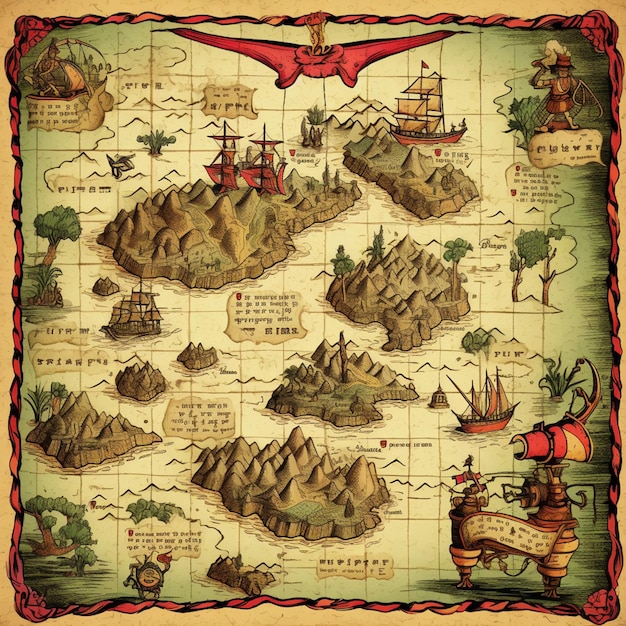 Mapa Arafed de uma ilha pirata com um navio pirata e um navio pirata generativo ai