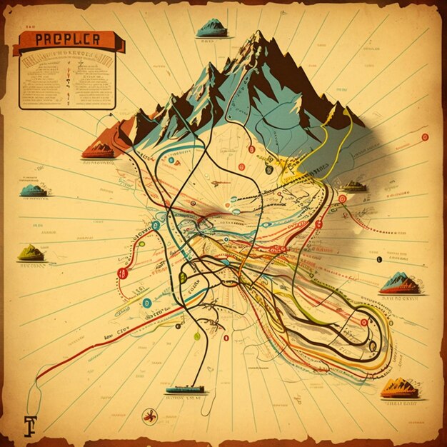 Foto mapa de arafed de una montaña con un mapa de la ruta generativa ai