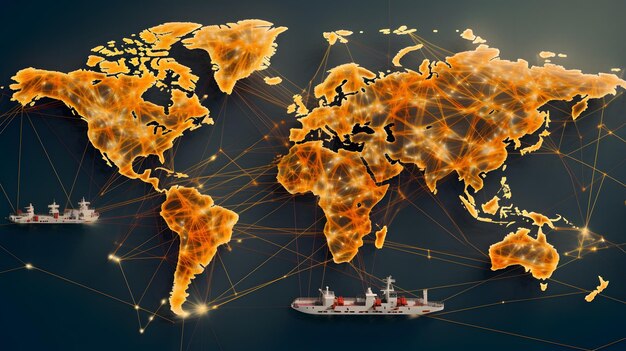 Mapa arafed del mundo con barcos y conexiones. IA generativa.