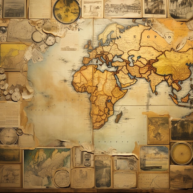 mapa arrafado do mundo com mapas antigos e outros itens generativos ai