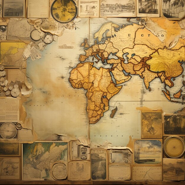mapa arrafed del mundo con mapas viejos y otros elementos generativos ai