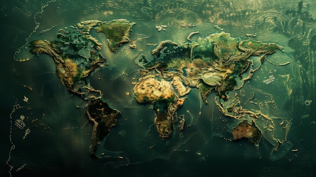 Mapa artístico del mundo con detalles topográficos en relieve