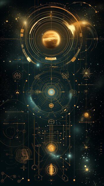 Mapa astronômico estelar com planetas em órbitas celestes douradas