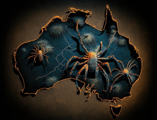 Mapa de Australia con naturaleza salvaje, arañas gigantes, serpientes y cocodrilos, naturaleza aterradora